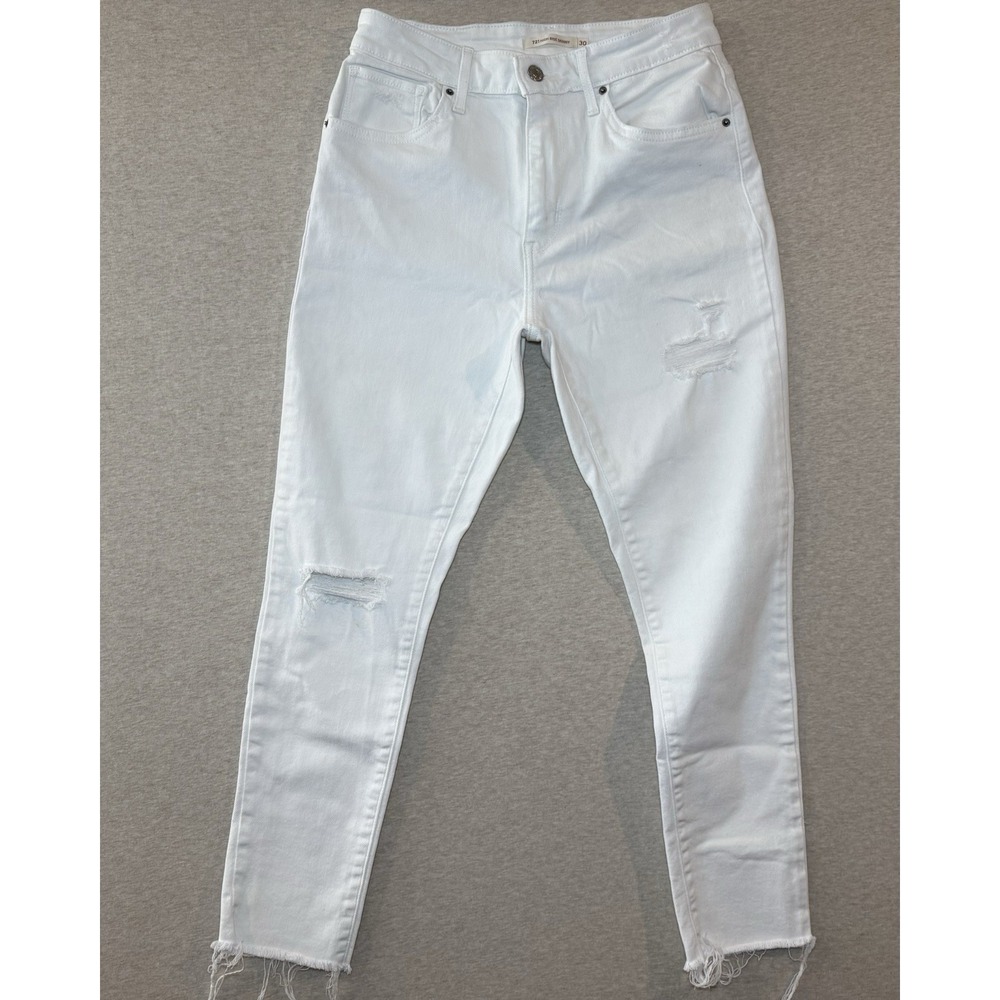 Levi's 721 Woman's White High Rise Skinny Jeans Side 30 Distressed